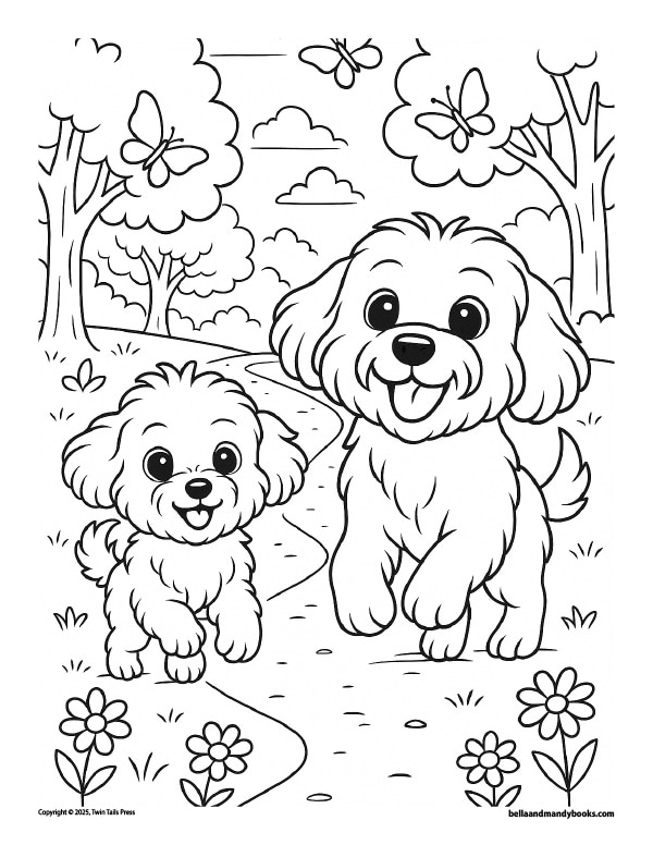 Bella and Mandy joyfully run through a tree-lined park with butterflies, flowers, and a winding path, in a thick-outlined coloring page for kids.