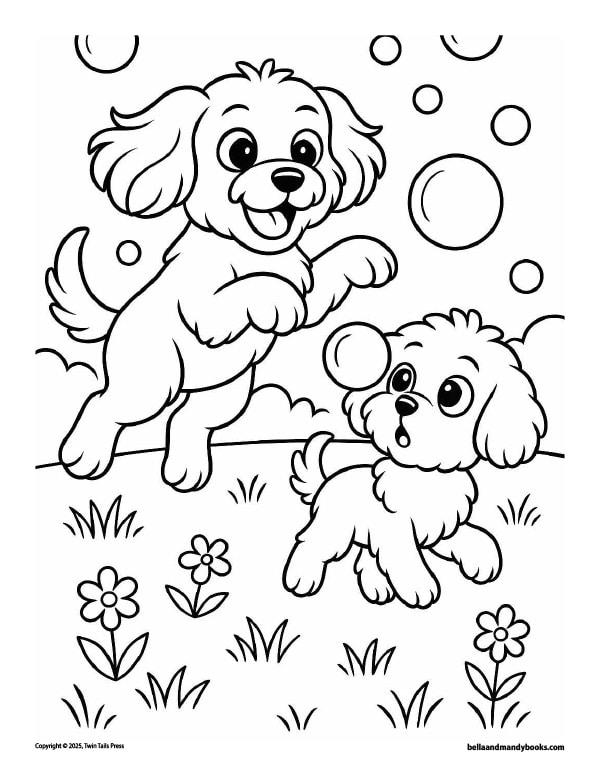 Bella jumps mid-air while Mandy looks surprised as they chase bubbles of various sizes in a grassy backyard with flowers, drawn in kid-friendly linework.