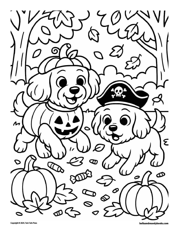 Bella dressed as a pumpkin and Mandy as a pirate search a leafy yard for hidden candy under fall leaves, with pumpkins and trees in the background.
