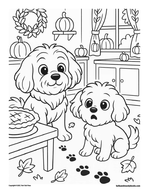 In a cozy kitchen, Bella and Mandy follow a pawprint trail from a licked pumpkin pie. One pup looks guilty while the other investigates fall-themed clues.
