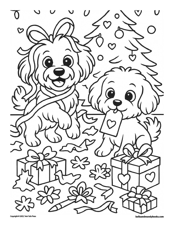 Bella and Mandy are surrounded by gift wrap, bows, and holiday presents; one pup is tangled in ribbon, the other holds a tag, with festive lights or a tree behind them.
