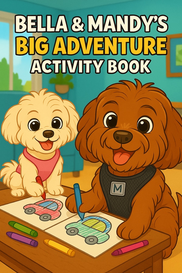 Illustrated book cover showing Bella, a light cream Maltipoo, and Mandy, a fluffy brown Cavapoo, happily coloring pictures of cars at a wooden table in a cozy living room. Crayons are scattered around as the two dogs smile and engage in creative fun. Bold title text above them reads 'Bella & Mandy’s Big Adventure Activity Book'.