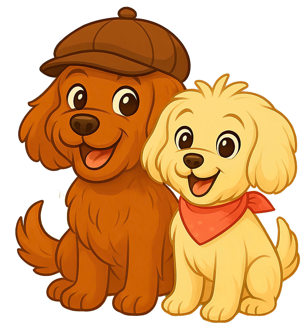 artoon illustration of Bella and Mandy from the Bella & Mandy book series—Bella, a reddish-brown Cavapoo wearing a detective cap, and Mandy, a cream-colored Maltipoo with a red bandana—both smiling and sitting side by side in a sunny outdoor setting.