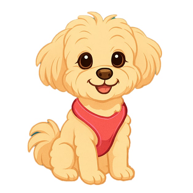 Cartoon illustration of Mandy, a cream-colored Maltipoo from the Bella & Mandy book series, sitting sweetly with big brown eyes and wearing a red harness, smiling gently.