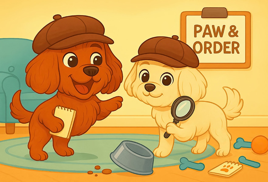 Illustration of two cartoon dog detectives, Bella and Mandy, wearing detective hats with a magnifying glass and notepad, solving a mystery in front of a 'Paw & Order' sign — fun rhyming picture book for kids ages 3–8.