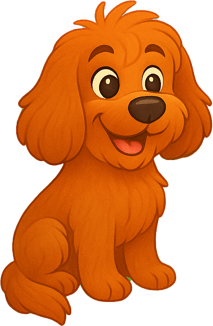 Bella the Cavapoo smiling happily, showing her playful and friendly personality. This lovable cartoon pup is one of the stars of the Bella and Mandy children’s book series for ages 3–7.