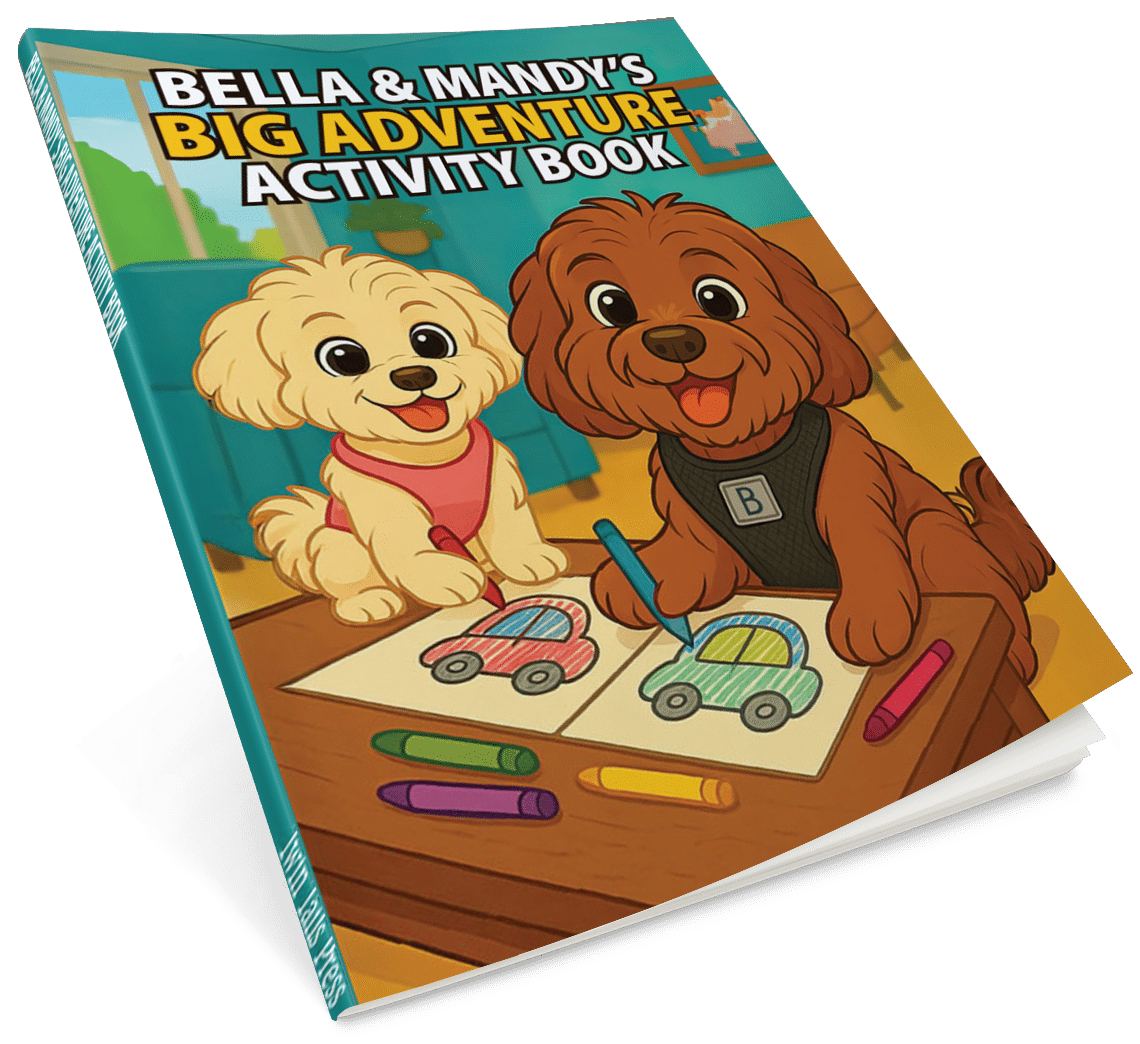 3D cover image of “Bella and Mandy’s Big Adventure Activity Book,” a fun-filled children’s activity book featuring two playful dogs. The cover shows Bella the Cavapoo and Mandy the Maltipoo ready for adventure, with bold, colorful illustrations designed for kids ages 3–7.