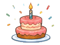 Illustrated birthday cake with candle celebrating Bella & Mandy Adventure Club birthday surprises.