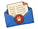 Illustrated blue envelope with a Bella & Mandy Adventure Club letter and paw print seal.
