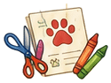 Illustrated printable activity page with paw print, scissors, and crayons for Bella & Mandy crafts and coloring.
